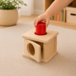 Dieťa vkladá červený valec do Montessori krabičky s veľkým otvorom